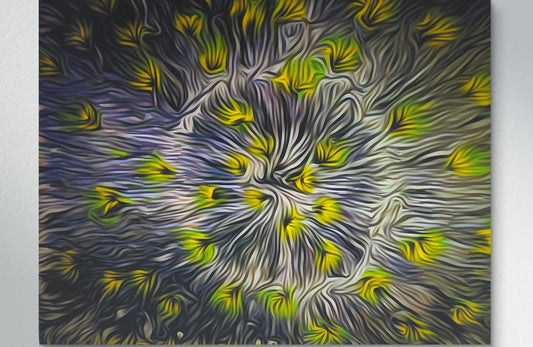 Abstract painting with swirling patterns of blue, green, and yellow on a white wall.